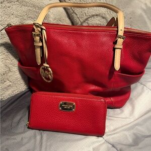 Michael Kors Red Pebbled Tote with Cream Handles and Matching Wallet
